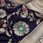Prussian Blue Banarasi Silk Saree With Floral Jaal Weaving