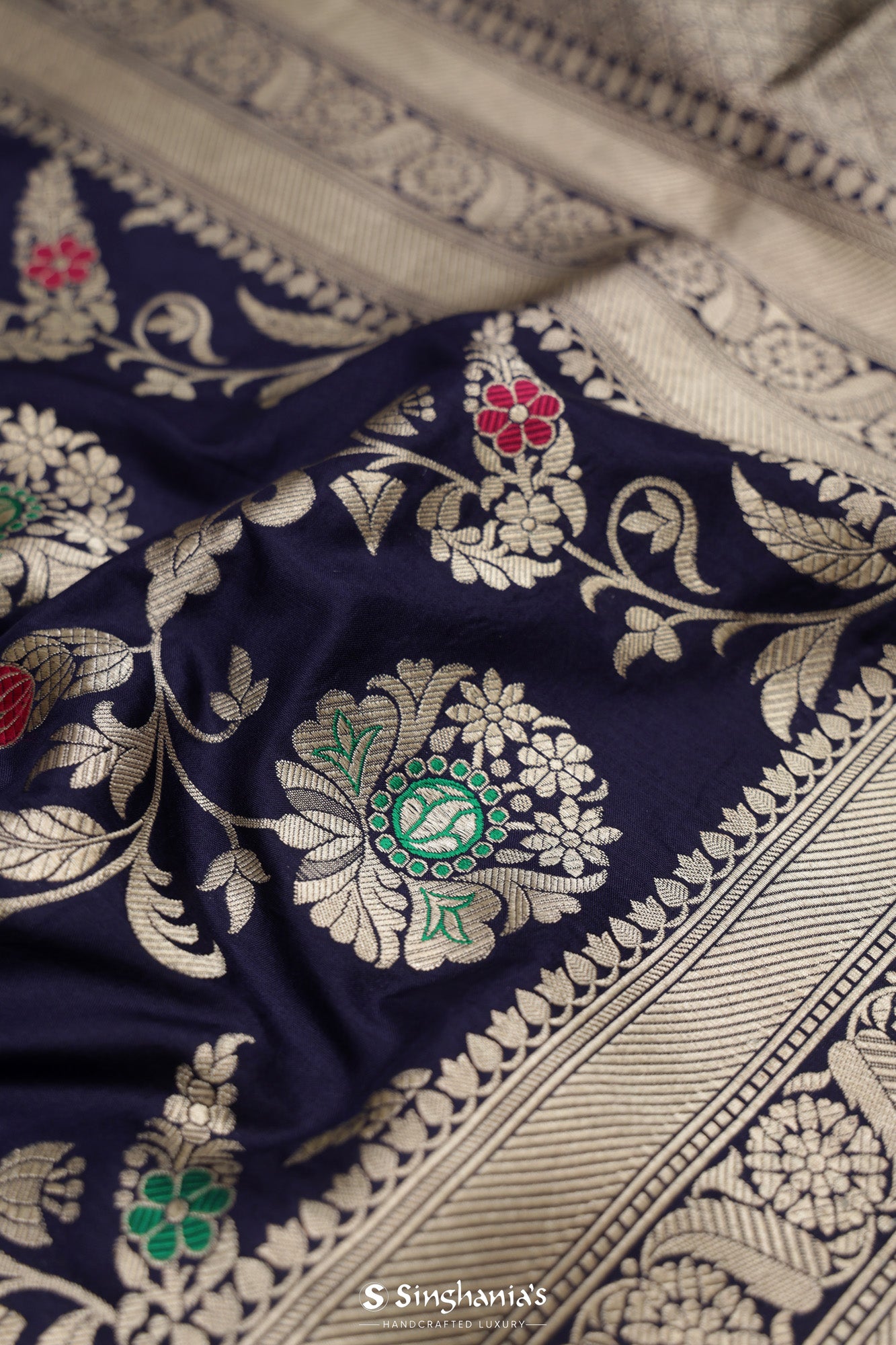 Prussian Blue Banarasi Silk Saree With Floral Jaal Weaving
