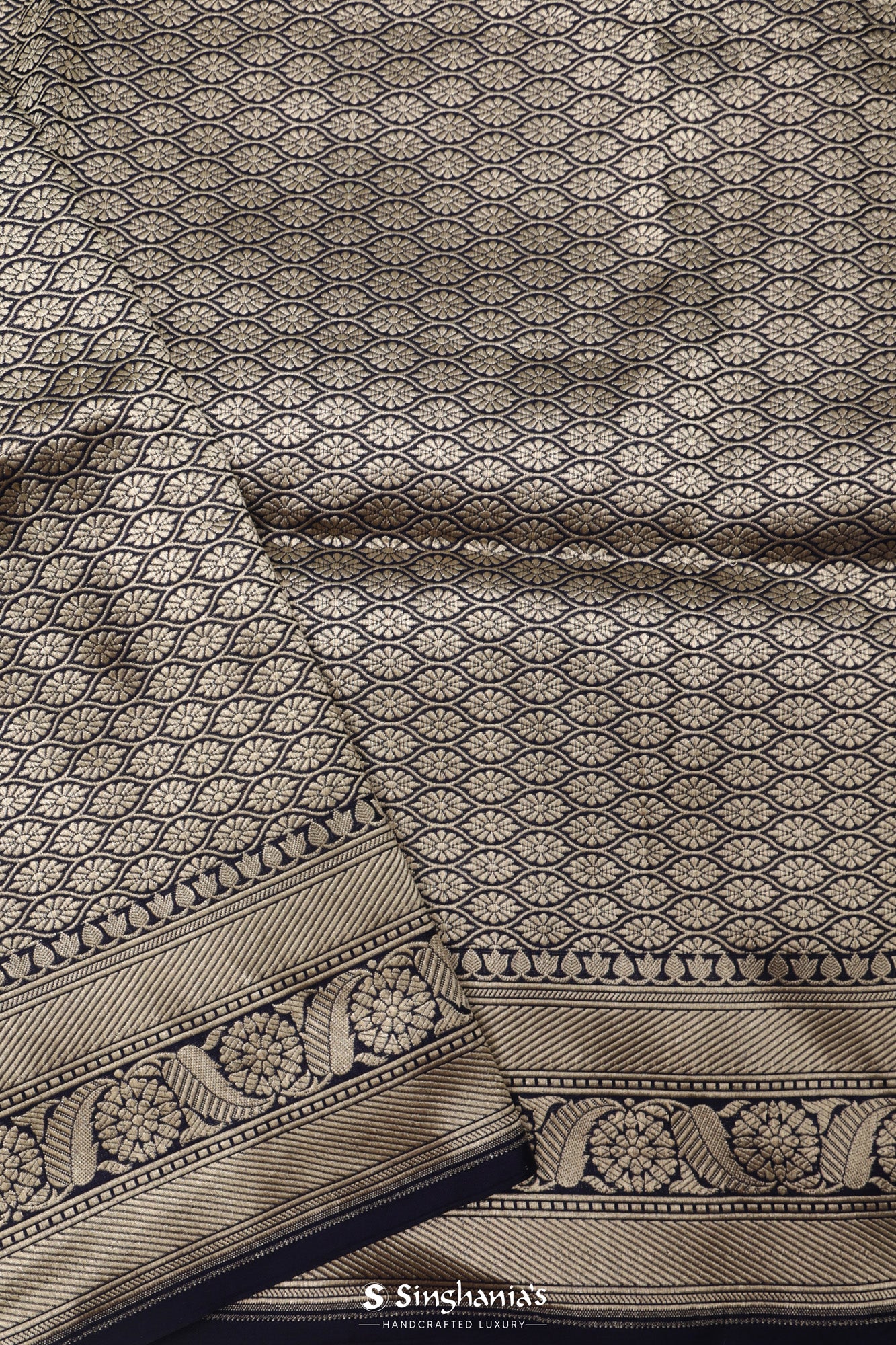 Prussian Blue Banarasi Silk Saree With Floral Jaal Weaving