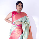 Light Turquoise Kanjivaram Silk Saree With Floral Paisley Weaving