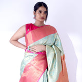 Light Turquoise Kanjivaram Silk Saree With Floral Paisley Weaving
