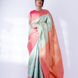 Light Turquoise Kanjivaram Silk Saree With Floral Paisley Weaving