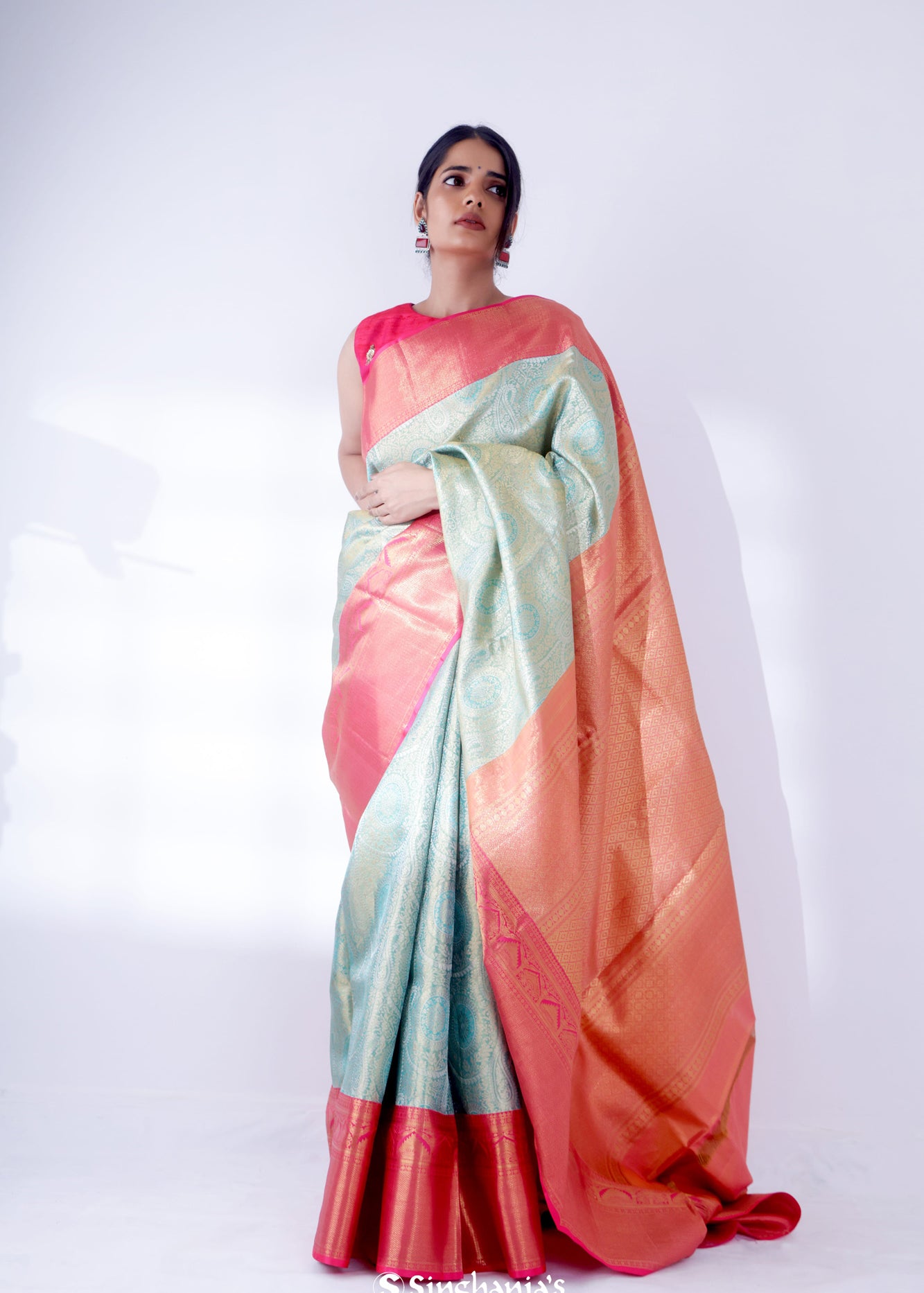 Light Turquoise Kanjivaram Silk Saree With Floral Paisley Weaving