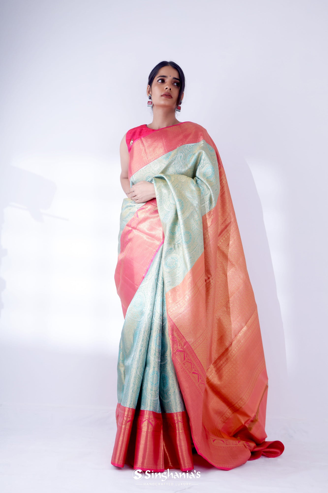Light Turquoise Kanjivaram Silk Saree With Floral Paisley Weaving
