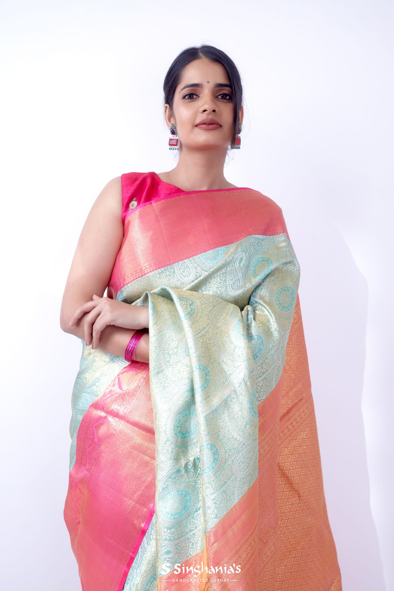 Light Turquoise Kanjivaram Silk Saree With Floral Paisley Weaving