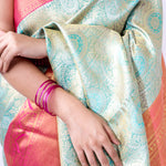 Light Turquoise Kanjivaram Silk Saree With Floral Paisley Weaving
