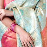 Light Turquoise Kanjivaram Silk Saree With Floral Paisley Weaving