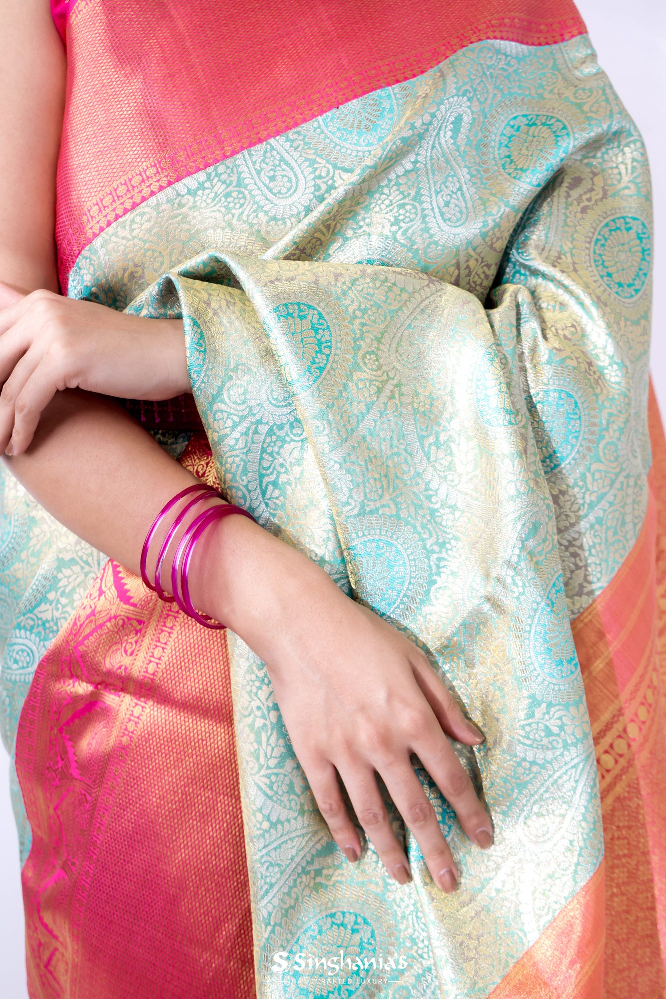 Light Turquoise Kanjivaram Silk Saree With Floral Paisley Weaving