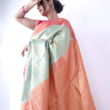 Light Turquoise Kanjivaram Silk Saree With Floral Paisley Weaving