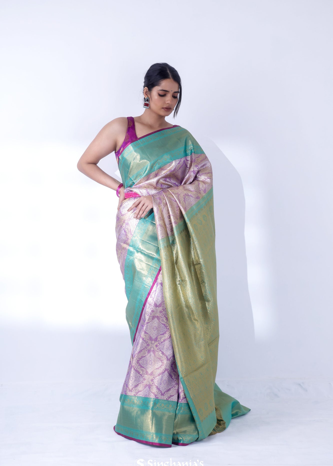 Mauve Purple Kanjivaram Silk Saree With Floral Ogival Weaving