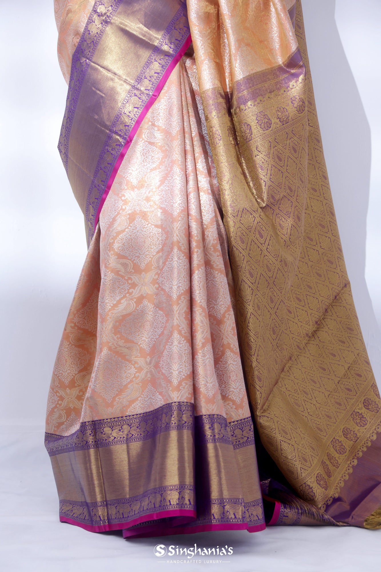 Salmon Peach Kanjivaram Silk Saree With Floral Buttas Weaving