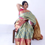 Steel Blue Dual Tone Kanjivaram Silk Saree With Peacock Weaving