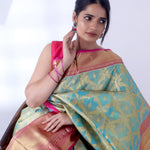 Steel Blue Dual Tone Kanjivaram Silk Saree With Peacock Weaving