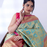 Steel Blue Dual Tone Kanjivaram Silk Saree With Peacock Weaving