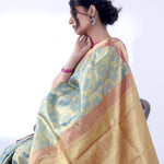 Steel Blue Dual Tone Kanjivaram Silk Saree With Peacock Weaving