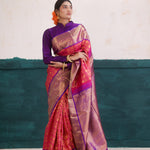 Cherry Pink Kanjivaram Silk Saree With Floral Jaal Weaving