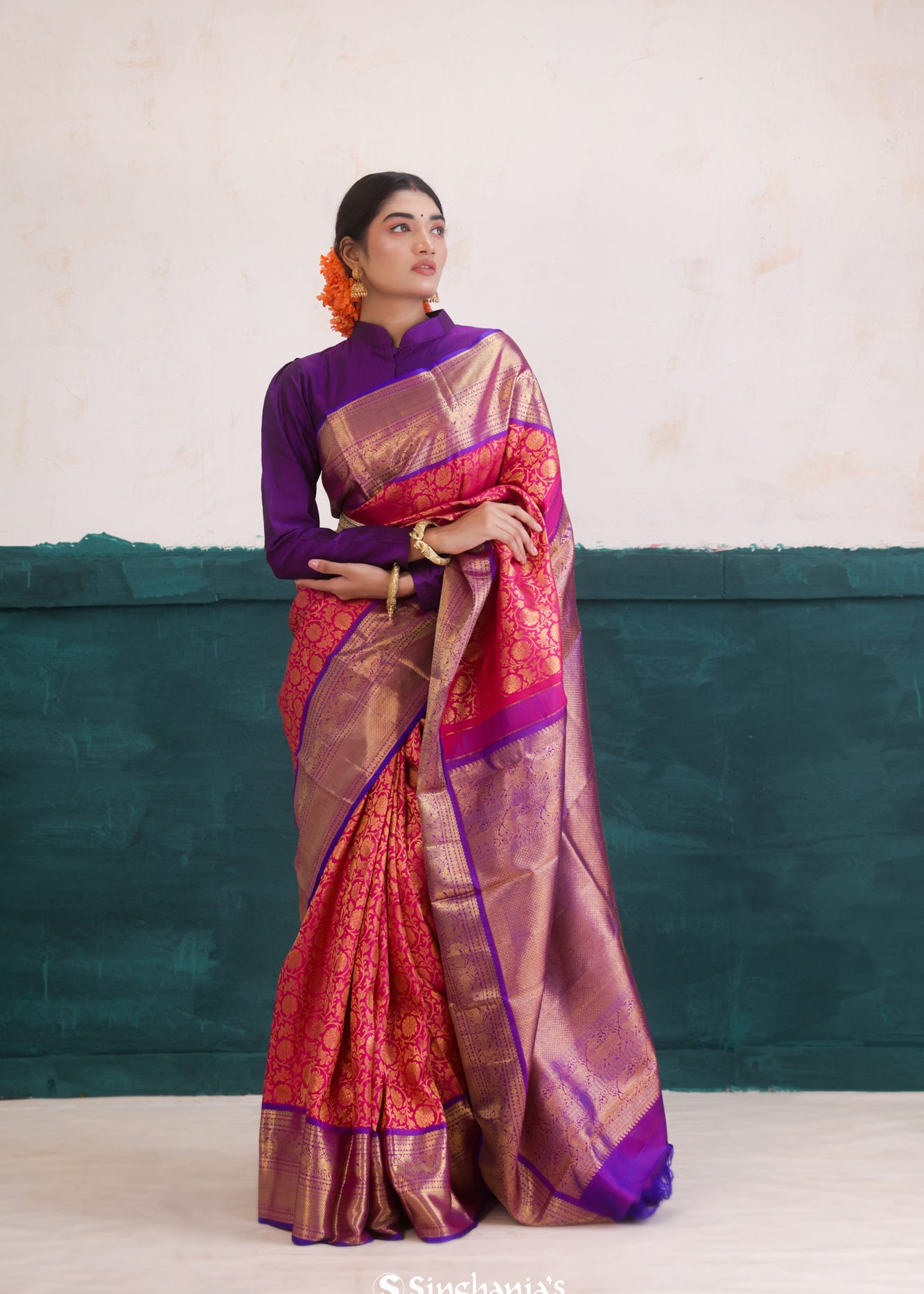 Cherry Pink Kanjivaram Silk Saree With Floral Jaal Weaving