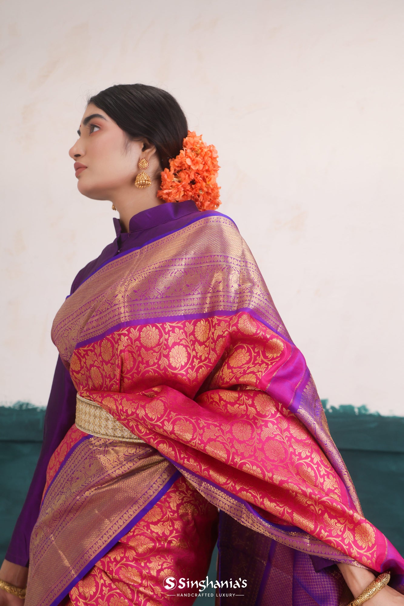 Cherry Pink Kanjivaram Silk Saree With Floral Jaal Weaving