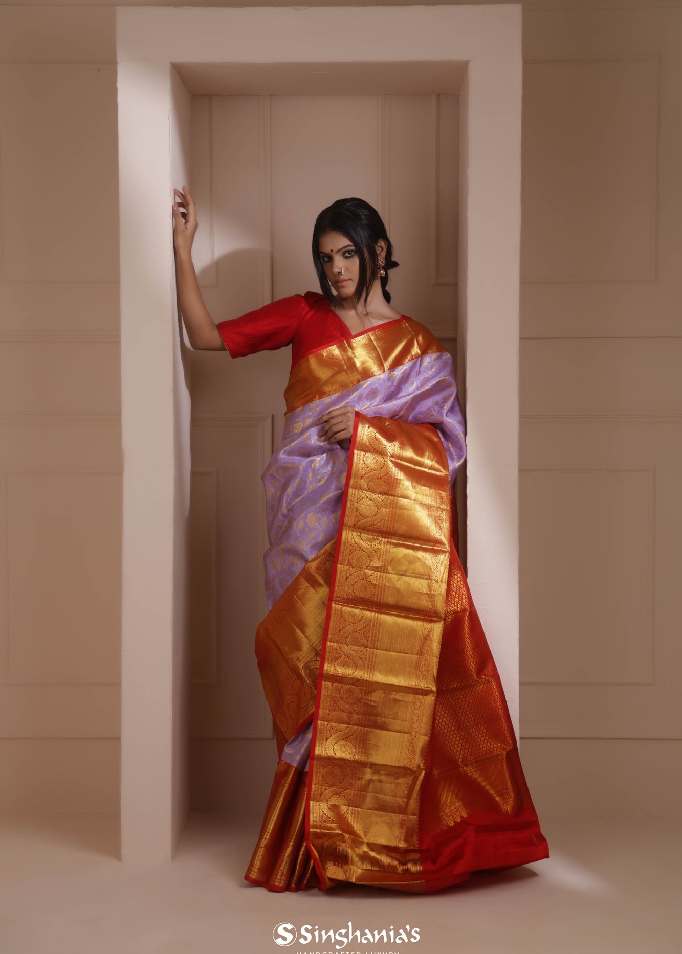 Medium Purple Kanjivaram Silk Saree With Floral Jaal Weaving