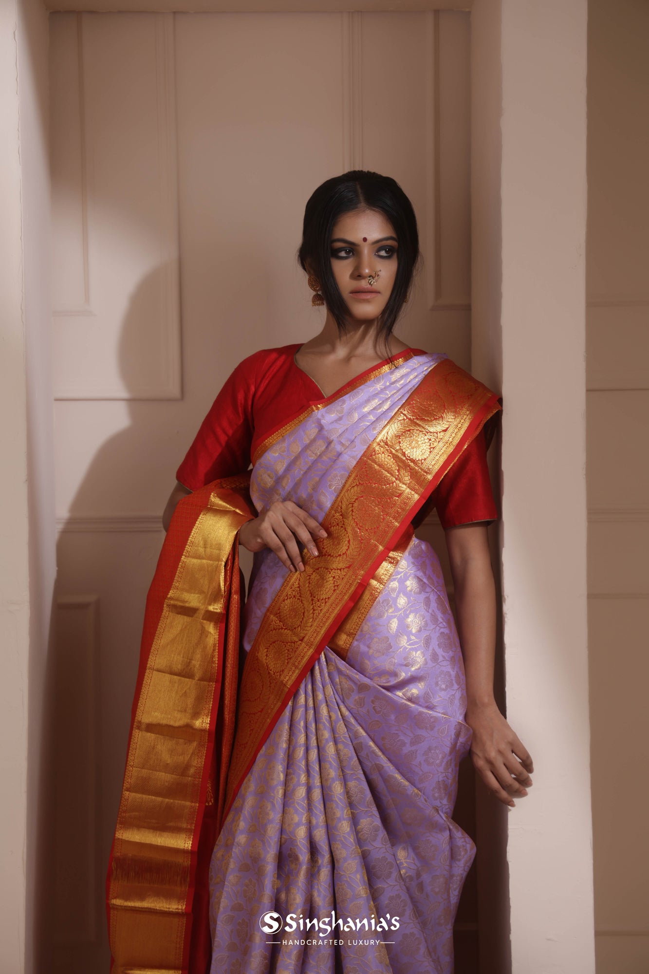 Medium Purple Kanjivaram Silk Saree With Floral Jaal Weaving