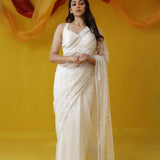 Half White Net Saree With Hand Embroidery