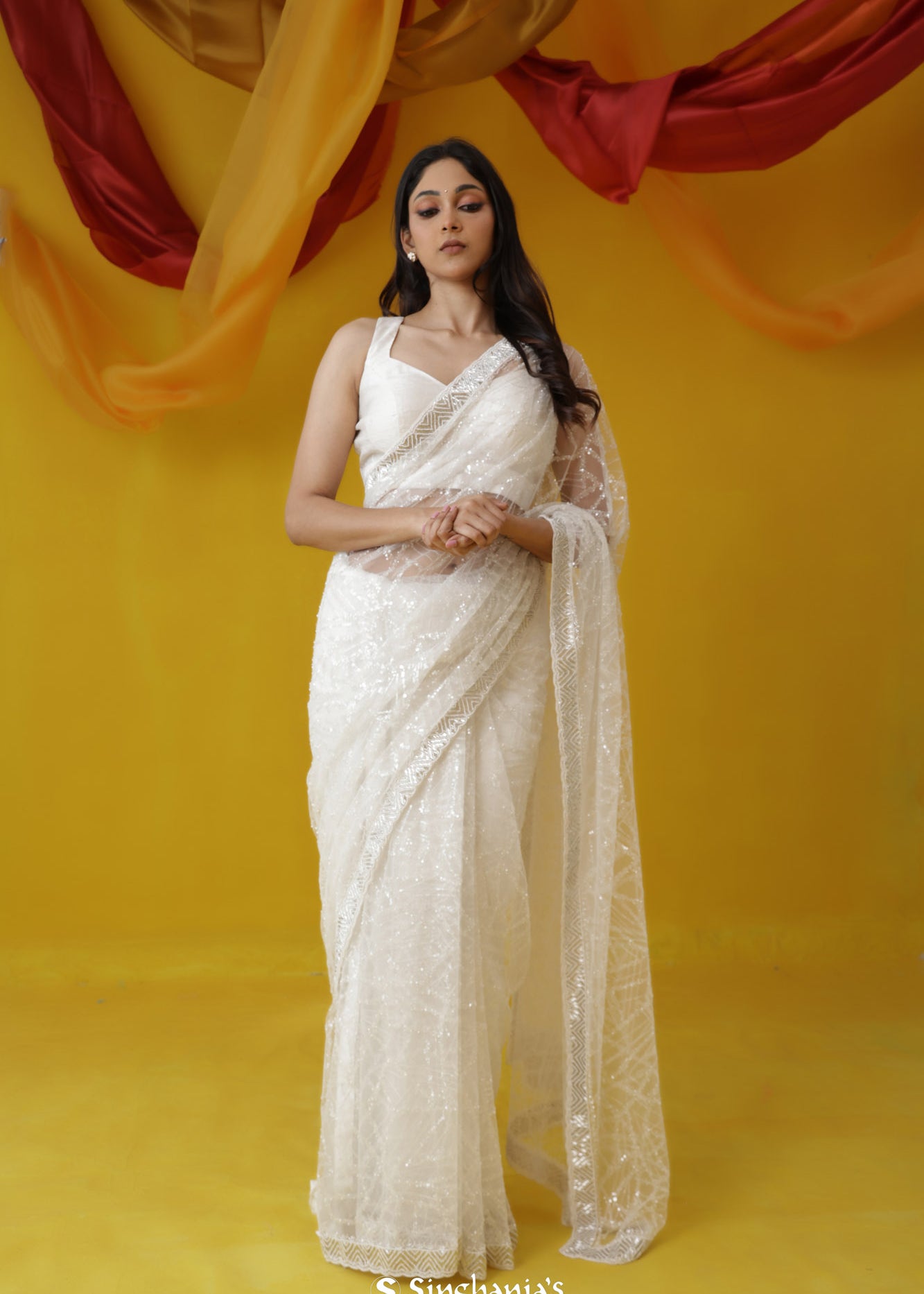 Half White Net Saree With Hand Embroidery