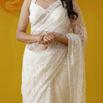 Half White Net Saree With Hand Embroidery