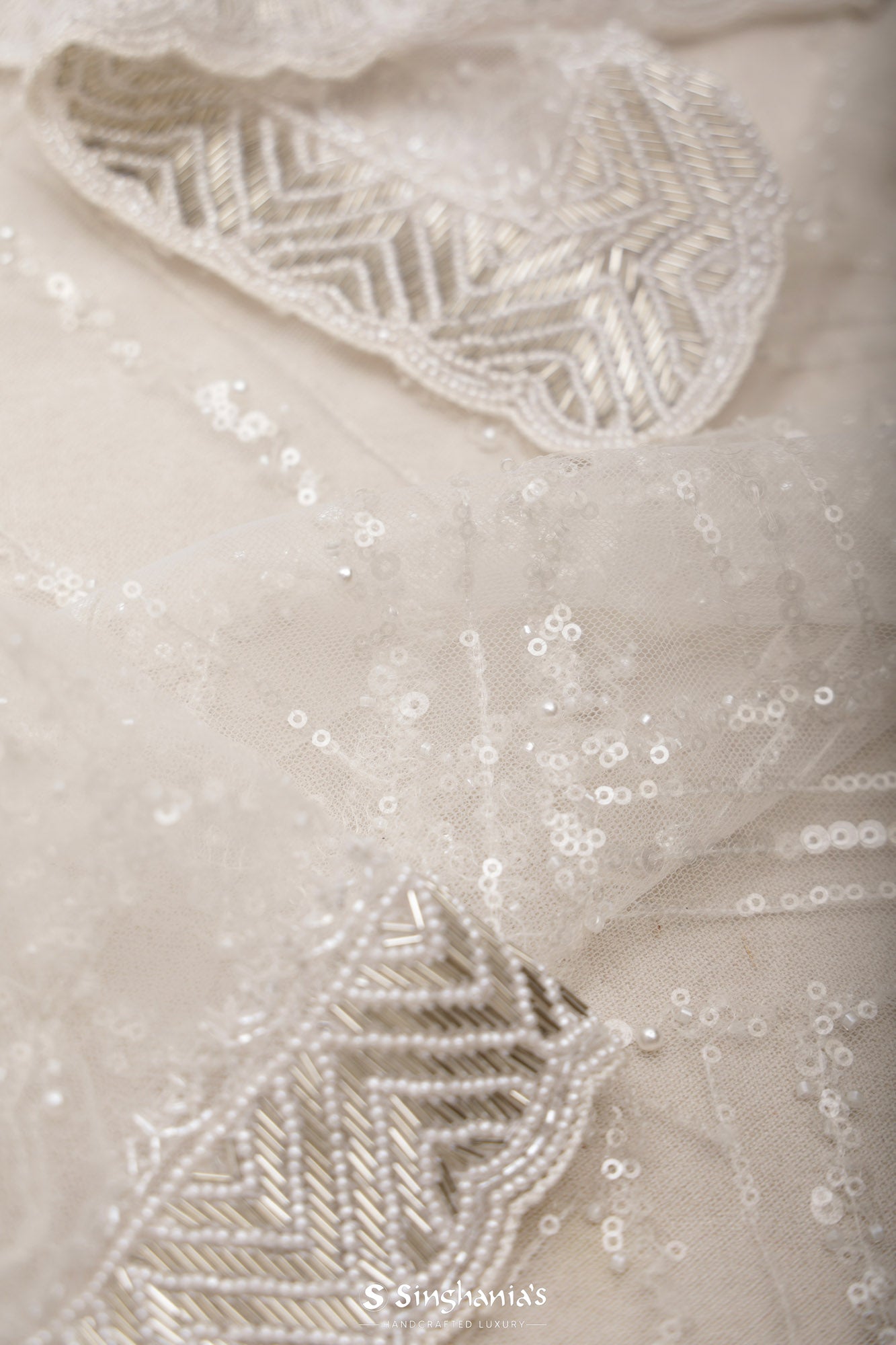 Half White Net Saree With Hand Embroidery