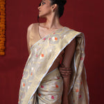 Ice Grey Tissue Banarasi Saree With Floral Jaal Weaving