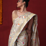 Ice Grey Tissue Banarasi Saree With Floral Jaal Weaving