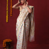 Ice Grey Tissue Banarasi Saree With Floral Jaal Weaving