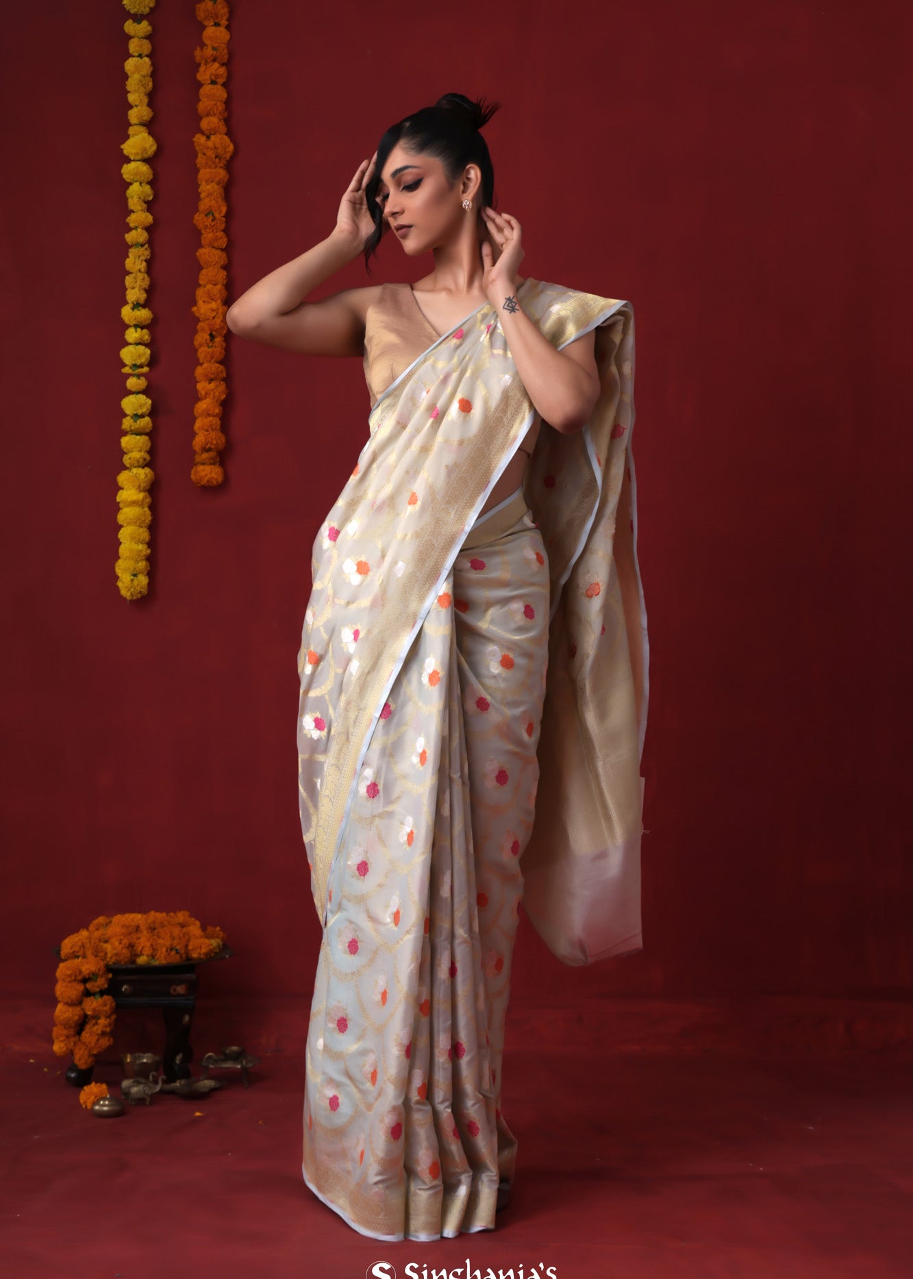 Ice Grey Tissue Banarasi Saree With Floral Jaal Weaving