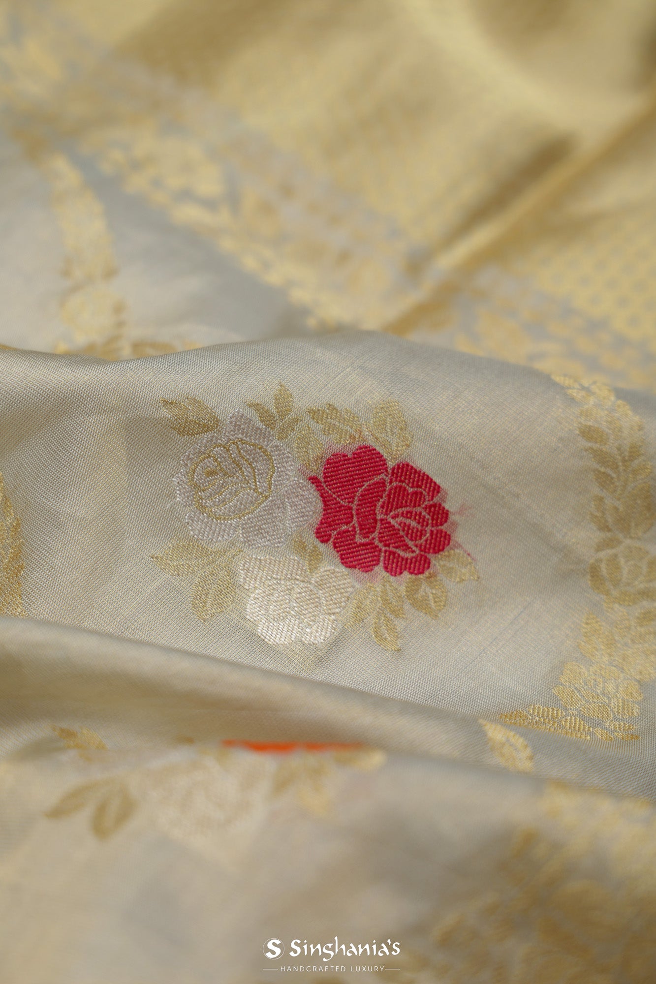 Ice Grey Tissue Banarasi Saree With Floral Jaal Weaving