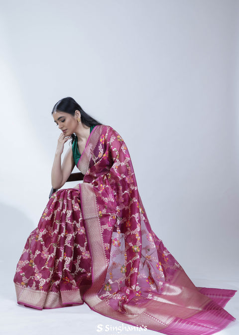 <img> Maroon Pink Organza Banarasi Saree With Floral Jaal Weaving