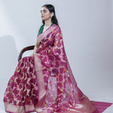 Maroon Pink Organza Banarasi Saree With Floral Jaal Weaving