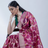 Maroon Pink Organza Banarasi Saree With Floral Jaal Weaving