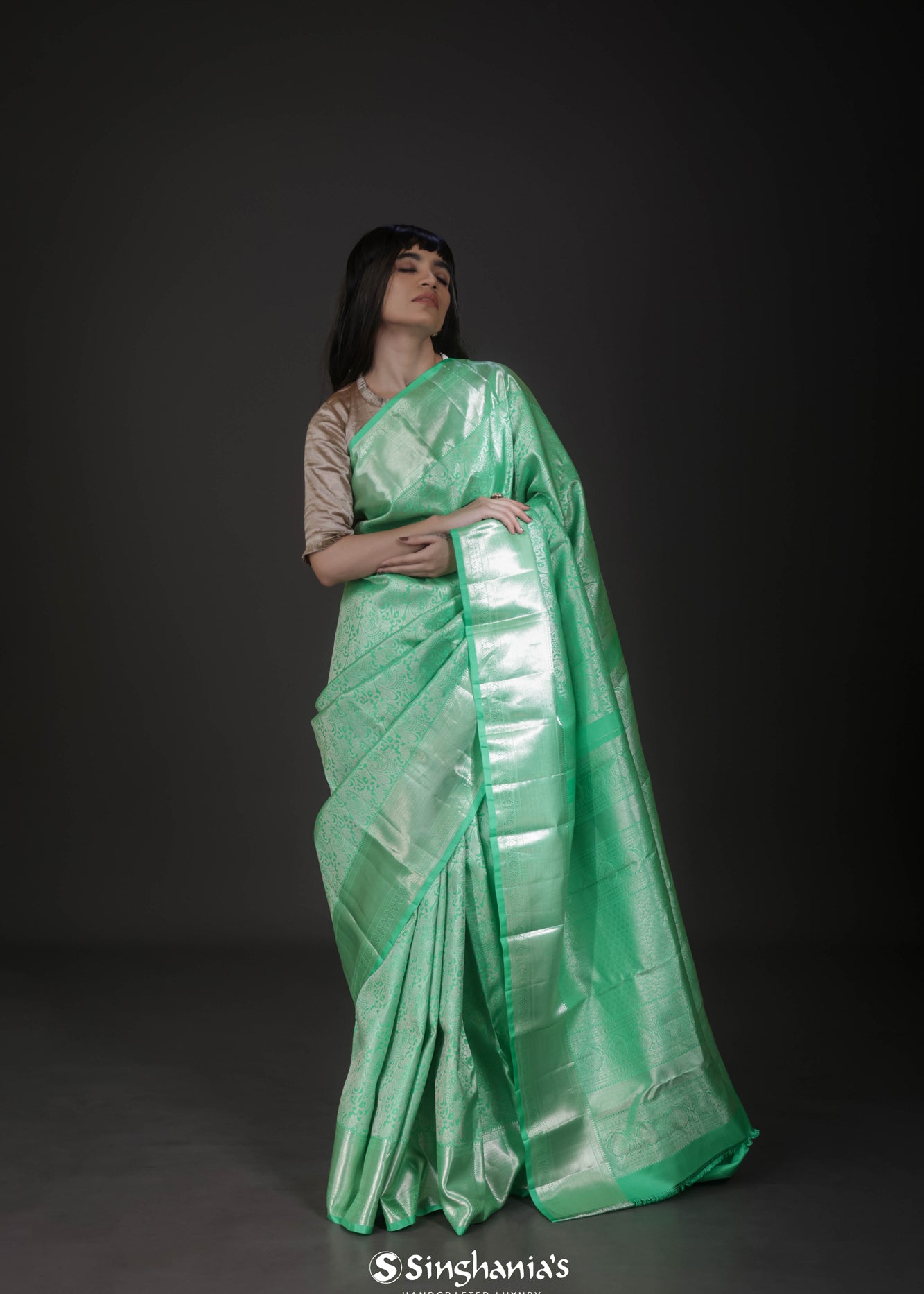 Mint Green Floral Jaal Kanjivaram Silk Saree