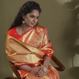 Gold-Red Tissue Kanjivaram Saree With Floral Jaal Weaving
