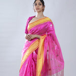 Barbie Pink Chanderi Meenakari Saree With Floral Buttas