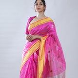 Barbie Pink Chanderi Meenakari Saree With Floral Buttas