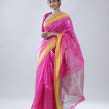 Barbie Pink Chanderi Meenakari Saree With Floral Buttas