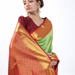 Pea Green Kanjivaram Silk Saree With Floral Jaal Weaving