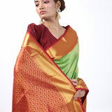 Pea Green Kanjivaram Silk Saree With Floral Jaal Weaving