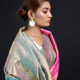 Neon Pink Kanjivaram Silk Saree With Floral Buttas Weaving