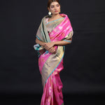 Neon Pink Kanjivaram Silk Saree With Floral Buttas Weaving