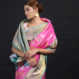 Neon Pink Kanjivaram Silk Saree With Floral Buttas Weaving
