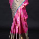Neon Pink Kanjivaram Silk Saree With Floral Buttas Weaving