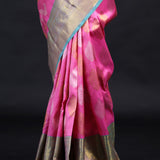 Neon Pink Kanjivaram Silk Saree With Floral Buttas Weaving