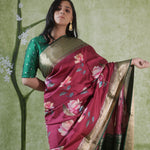 Burgundy Red Printed Kanjivaram Silk Saree