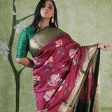 Burgundy Red Printed Kanjivaram Silk Saree